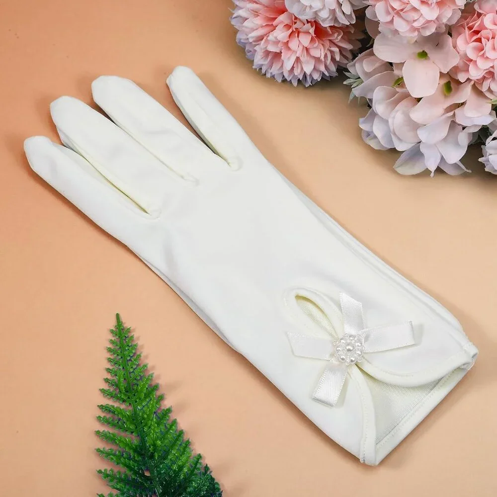 Women's Elegant White Short Flower Bow Pearl Gloves Design Wrist Wedding Dress